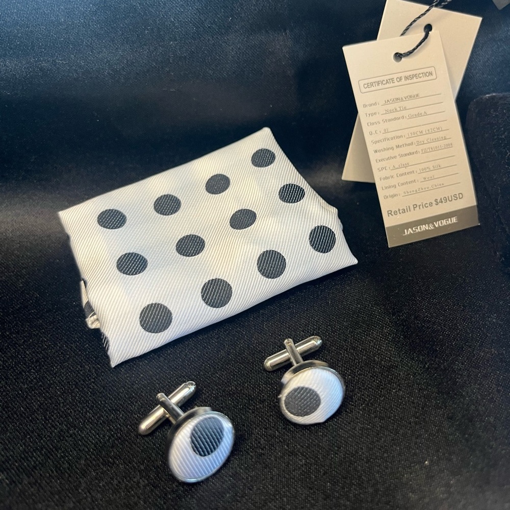 NWT-Silk Polka Dot Tie Set - Black and White - Picture 2 of 3